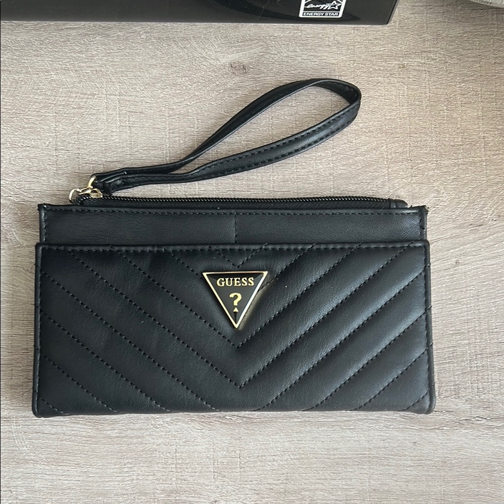 Guess Black Quilted Wristlet with Gold Accent